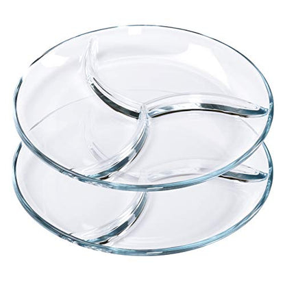 FOYO Round Tempered Glass Serving Platters/Trays - 3 Sectional -10'' Diameter, Set of 2