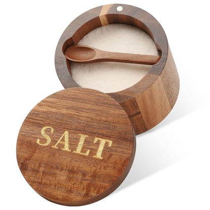 Salt Cellar, Acacia Wood Salt Container with Built-in Spoon & Swivel Lid, Engraved SALT Box, Salt Holder Bowl for Countertop Seasoning Storage - color: Acacia Wood SALT Cellar