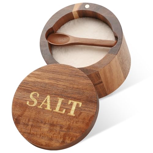 Salt Cellar, Acacia Wood Salt Container with Built-in Spoon & Swivel Lid, Engraved SALT Box, Salt Holder Bowl for Countertop Seasoning Storage - color: Acacia Wood SALT Cellar