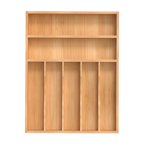 Silverware Organizer, Bamboo Kitchen Drawer Organizer, Utensil Holder, Cutlery Tray & Spoon Flatware Storage with Grooved Drawer Dividers (13''W x 17''D) - color: Natural, size: 13''W x 17''D