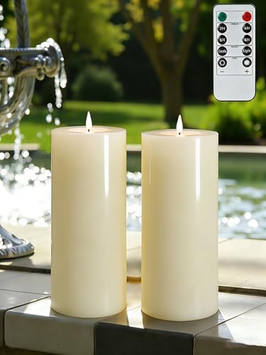 Gmnee 4"x8" Outdoor Waterproof Flameless Candles with Remote Timers Plastic | Extra-tall, Extra-large, Battery Operated Candles, LED Candles, Electric Fake Pillar Candles for Patio Decor (Ivory) - color: Ivory-D4"xH8"