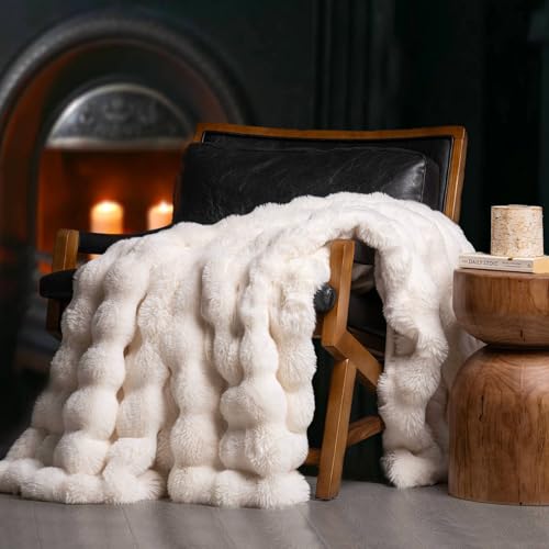 Faux Rabbit Fur Bubble Throw Blanket, 60"x80", Ivory White | Ultra Soft, Luxury Faux Rabbit Fur Throw, Thick Warm Bubble Blanket, Cozy Fluffy Reversible, for Bed, Couch, Chair, Sofa - color: Ivory White, size: 60"x80"