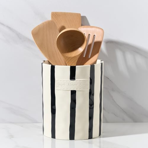 JIEMEI HOME Kitchen Utensil Holder, 7.2" Ceramic Stable Utensil Crock for Countertop, Modern Minimalism Style Cooking Tool Organizer with Cork Mat, Spatula Holder For Kitchen Decor, Black stripes - color: Black stripes
