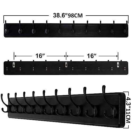 SKOLOO Rustic Wall Mounted Coat Rack, Case of 2, Pine Solid Wood Coat Hook Hanger - 10 Hooks for Hanging Clothes Robes Towels Coats - color: Black Plate & Black Hook, size: 2 Item-10 Hooks