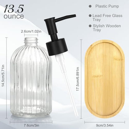Kitchen Soap Dispenser Set with Wood Tray, Glass Soap Dispenser with Plastic Pump, Hand and Dish Set for Bathroom Decor (Clear)