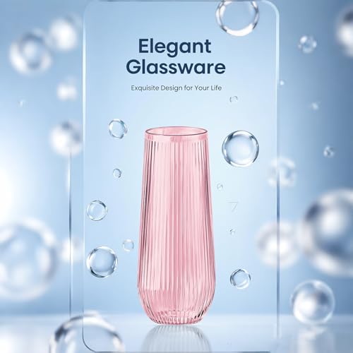 Lueumxc 48 Pack Plastic Ribbed Champagne Flutes, 9 Oz Stemless Disposable Pink Clear Plastic Toasting Glasses Shatterproof Recyclable and BPA-Free Perfect For Wedding