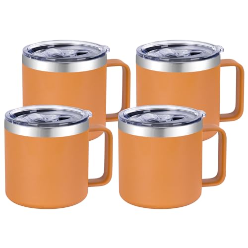 VEGOND 14 oz Insulated Coffee Mug Bulk with Handle, Stainless Steel Travel Coffee Mug with Lid, Double Wall Vacuum Metal Coffee Cup, Coffee Tumbler Powder Coated, Orange 4 Pack - color: Orange, size: 14 Ounces (4 Pack)