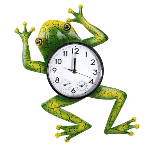 Frog Outdoor Clock with Thermometer & Humidity | Outdoor Wall Clock Silent Non-Ticking, Outside Clocks for Patio, Garden, Home Decor - style: Jump Frog