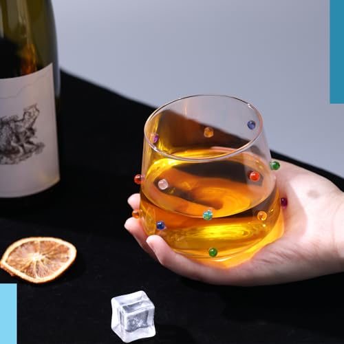 4 Pack 3D Colorful Dots Stemless Wine Glasses Confetti Double Old Fashioned Drinking Glasses 12.5 oz Vibrant Stemless Wine Cups for Whiskey Cocktail Water Juice Summer Party Supplies Gift