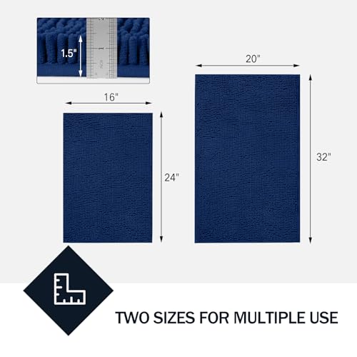 LINLA Bathroom Rugs Sets 2 Piece, Absorbent Chenille Bath Mat, Navy Blue | Non-Slip ,Quick Dry, Washable, Carpet Mats for Floor, Tub and Shower,32" x 20"/24" x 17" - color: Navy Blue