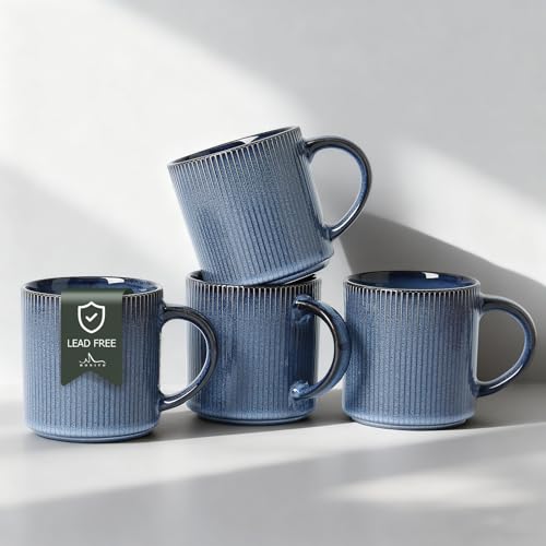 MONITO 16Oz Coffee Mugs Set of 4,Rustic Ceramic Coffee Cups Set with Handle | Vintage Striped Stoneware Large Coffee Mugs for Latte, Cocoa, Tea, Milk, Microwave & Dishwasher Safe,Deep Blue - color: Deep Blue, size: 4PCS