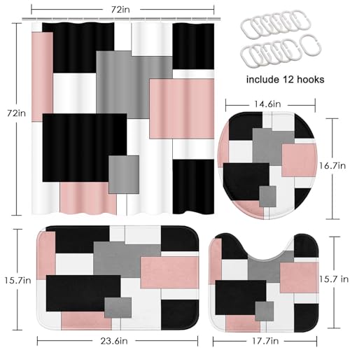 Bathroom Sets with Shower Curtain and Rugs, 4 Pcs, Geometric Pink | Checkered Modern Abstract Bathroom Decor Set with Toilet Lid Cover, Non-Slip Bath Mats and 12 Hooks - color: Abstract Geometric Pink
