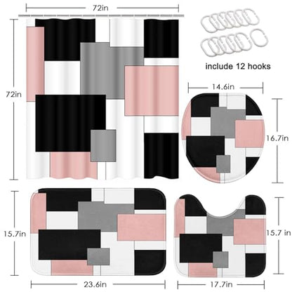 Bathroom Sets with Shower Curtain and Rugs, 4 Pcs, Geometric Pink | Checkered Modern Abstract Bathroom Decor Set with Toilet Lid Cover, Non-Slip Bath Mats and 12 Hooks - color: Abstract Geometric Pink