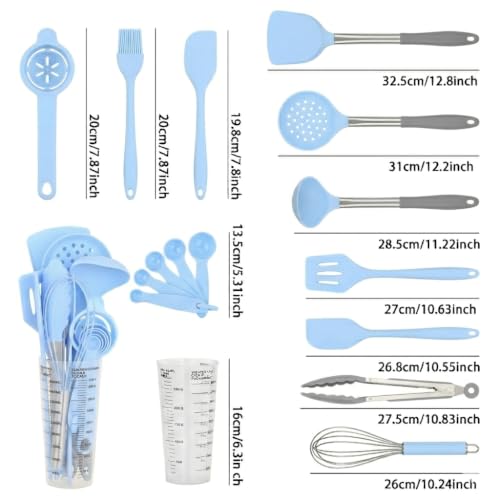 16-Piece Silicone Kitchen Utensil Set with Measuring Cup (Blue) | Dishwasher-safe BPA-free tools for nonstick cookware, with tongs, whisk, 5 measuring spoons and a 500ml measuring cup holder - color: Blue