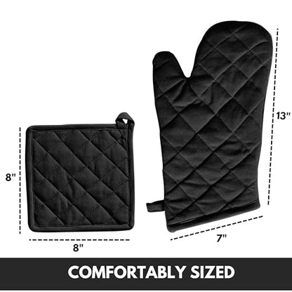 Oven Mitt & Pot Holder 100% Cotton Easter Heat Resistant Oven Gloves (7"x13") & Hot Pads (8"x8") Combo for Gifts, Cooking - Black - color: Black