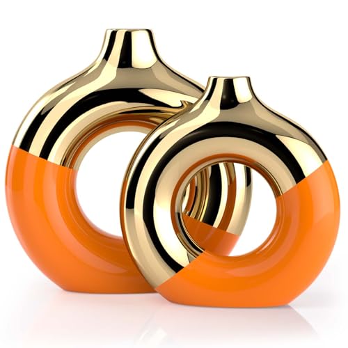 Orange and Gold Ceramic Vase Set of 2,Round Donut Hollow Flower Vases for Home Decor Accents,Modern Minimalist Centerpiece Table Decorations,Wedding,Living Room,Bookshelf,Office,Entryway - color: Orange