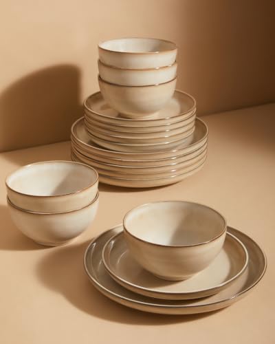 Stoneware Dinnerware Sets for 6, 18 Pieces Ceramic Plates and Bowls Sets, Chip and Scratch Resistant Dish Set, Dishwasher & Microwave Safe Plate Set, Mocha Beige - color: Mocha Beige, size: 18pcs (for 6)
