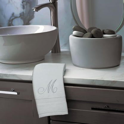 Monogrammed Fingertip Towels, Personalized Gift, 11 x 18 Inches - Set of 4 - Silver Script Embroidery - Extra Absorbent 100% Turkish Cotton- Soft Terry Velour- for Bathroom, Kitchen and Spa- M White - style: Initial M