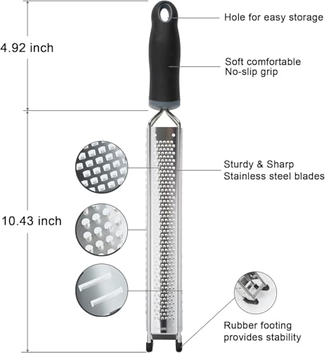 3-in-1 Lemon Zester & Cheese Grater, 304 Stainless Steel, 15-Inch, Black | Three Blade Surfaces for Fine Zesting, Coarse Grating and Slicing, 304 Stainless Steel, Non-slip TPE Handle, Dishwasher Safe - color: L-Black