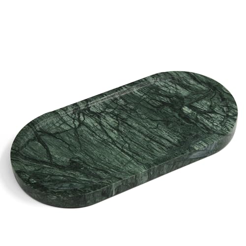 Genuine Real Natural Marble Tray for Bathroom, Luxury Indian Green Stone Vanity Tray, Decorative Oval Trays for Countertop Storage Organizer, Dresser, Kitchen, Home Decor, 11.8" x 6", Green - color: Dark Green
