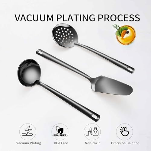 Lazycorner Cooking Utensil Set 11 Pcs Stainless Steel Kitchen Utensils Set Wok Utensils Kitchen Tool Set Spatula Set Heat Resistant Metal Kitchen Tools Ergonomic HandleEasy to Clean Dishwasher Safe - color: Black