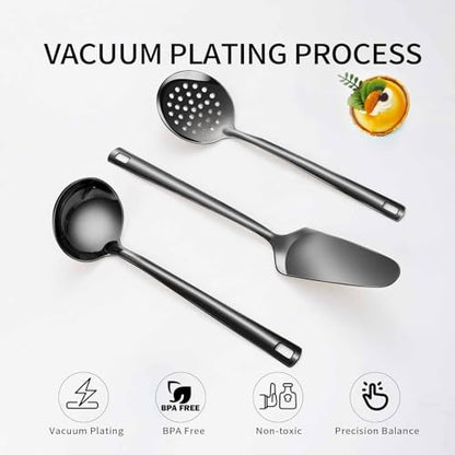 Lazycorner Cooking Utensil Set 11 Pcs Stainless Steel Kitchen Utensils Set Wok Utensils Kitchen Tool Set Spatula Set Heat Resistant Metal Kitchen Tools Ergonomic HandleEasy to Clean Dishwasher Safe - color: Black