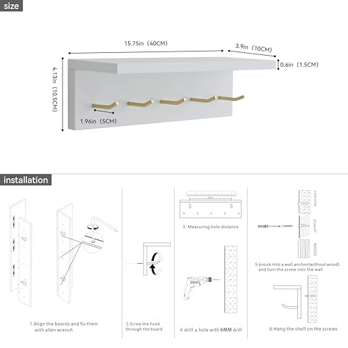 Wall Mounted Coat Rack with Shelf & Key Hooks, 5 Brass Hooks Entryway Organizer, Modern Floating Shelf for Bedroom Hallway, Space-Saving Home Storage Rack (1, White) - color: White
