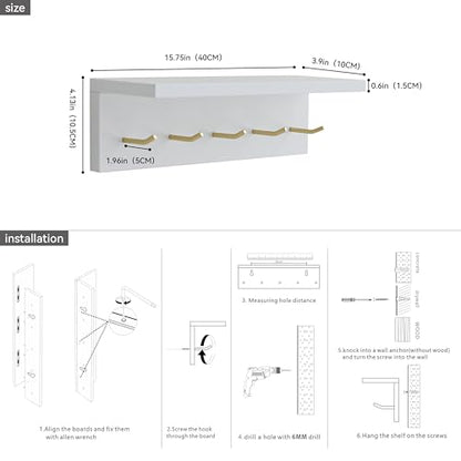 Wall Mounted Coat Rack with Shelf & Key Hooks, 5 Brass Hooks Entryway Organizer, Modern Floating Shelf for Bedroom Hallway, Space-Saving Home Storage Rack (1, White) - color: White