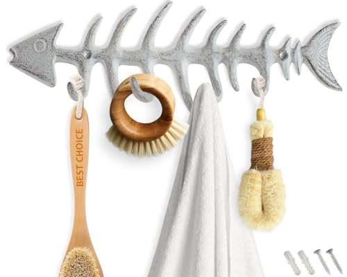 Comfify Antique White Fish Bones Cast Iron Wall Hook Rack – 4 Hooks, Screws | Antique White; fish bones cast iron; 9.05"L x 3.34"H; 4 hooks; screws & anchors included; coastal decor - color: Antique White