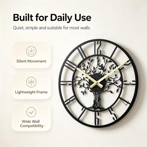 Wall Clock for Living Room Decor 14 inch Tree of Life Metal Wall Art, Non-Ticking Battery Operated Metal Black for Office/Bedroom/Kitchen/Dining Room Decoration - size: B 14 Inch