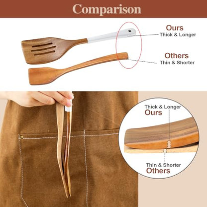 Wooden Spoons For Cooking, 6 Pieces Natural Acacia Wooden Cooking Utensils or Non-Stick Wood Kitchen Utensil Set for Kitchen Essentials, Wooden Cooking Utensils Set with Hanging Hole, White - color: White