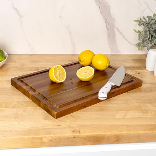 happimess Eldridge Medium 16" x 11" Acacia Cutting Board, Brown | Handcrafted, 1 Inch Thick, Reversible Design, Juice Grooves, Authentic Wood Grain, Rectangular, Farmhouse Style - color: Brown, size: 16"L x 11"W