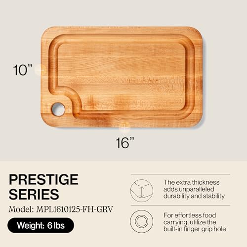 John Boos Prestige Series Rectangular Wooden Maple Cutting Board 16”x10” – 1.25” Thick, 6-lb Reversible Butcher Block with Juice Groove, Edge-Grain & Finger Grip Hole – Made in the USA | 1.25” Thick, 6-lb Butcher Block with Juice Groove, Edge-Grain & Fing