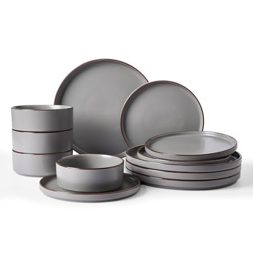 Famiware Nebula Ridge 12-Piece Stoneware Dinnerware Set, Dark Gray | Plates and Bowls for 4, Warm Hand-Painted Rims, Microwave and Dishwasher Safe, Daily Essentials - color: Dark Gray, size: Service for 4 (Standard Dinner Set)