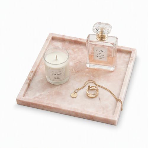 Natural Marble Vanity Tray, Square Marble Storage Tray | Decorative Organizer for Bathroom Sink & Kitchen Plate Holder, Candles, Towel, Perfume & Jewelry, Luxury Home Decor - color: 033-sj Pink, size: 9.8" x 9.8" x 0.7"