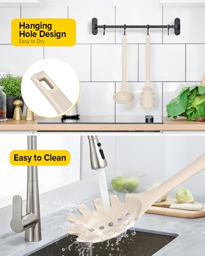 Silicone Pasta Fork and Soup Ladle Set, Heat Resistant Non Stick Kitchen Utensils with Back Hooks, Suitable for Cooking, Stirring, Serving Spaghetti, Soup, Sauce(KHAKI) - color: Khaki