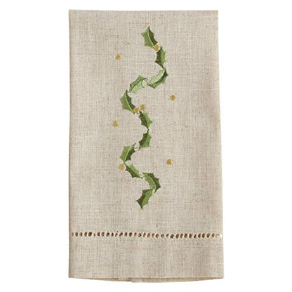 Saro Lifestyle Embroidered and Hemstitched Holly Leaves Guest Towel (Set of 4), Natural, 14"x22" - color: Holly Leaves