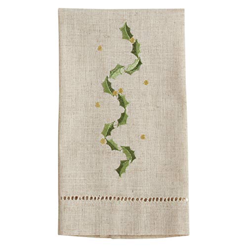 Saro Lifestyle Embroidered and Hemstitched Holly Leaves Guest Towel (Set of 4), Natural, 14"x22" - color: Holly Leaves