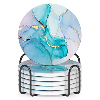 Coasters for Drinks, Set of 6 Cute Absorbent Ceramic Drink Coasters - color: Colorful Ink Marble