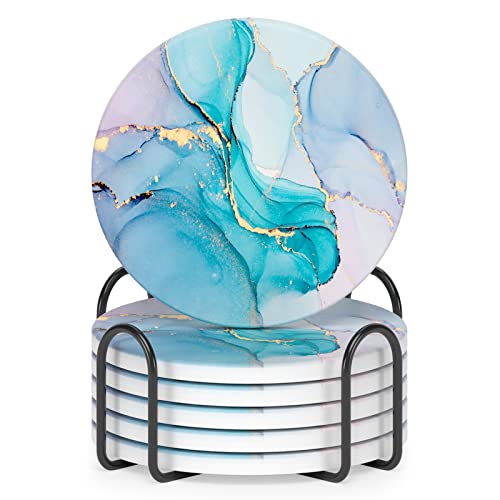 Coasters for Drinks, Set of 6 Cute Absorbent Ceramic Drink Coasters - color: Colorful Ink Marble