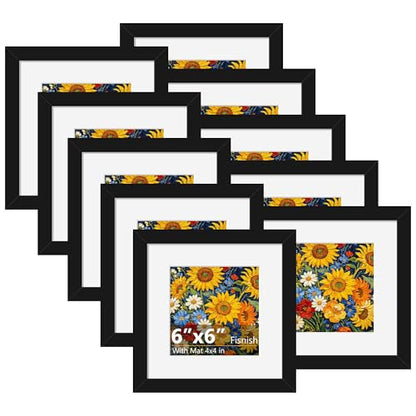 6x6 Picture Frame Sef of 10, Square Photo Frame Collage, Black | Display Pictures 4x4 with Mat or 6 x 6 without Mat, Hanging or Tabletop Display, for Wall Gallery Decor