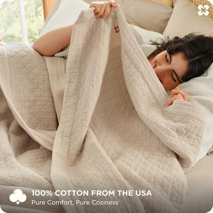 Bedsure PureWoven 100% Cotton Muslin Blanket 8-Layer, Queen, Linen Beige | 90" X 90", Breathable, Moisture-Wicking, All-Season, Softens After Wash, 460 GSM, Gauze Bedding, Low Shedding, for Adults - color: Linen Beige, size: Queen