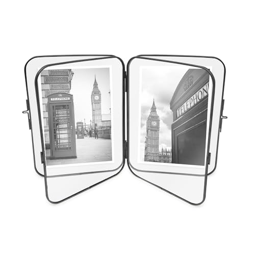 Isaac Jacobs 5x7 Black Double-Sided Metal Floating Photo Frame w/ClaspLock | Double-Sided Round-Edged Brass & Glass Metal Floating Picture Frame Locket Closure (Vertical), Tabletop (5x7, Black) - color: Black, size: 5x7