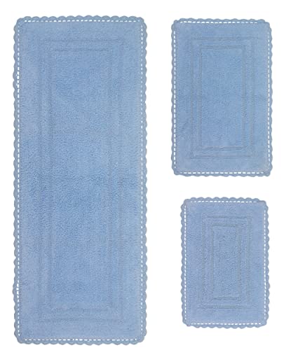 Home Weavers Casual Elegance Reversible Bathmat 100% Cotton Bathroom Rugs Set, Washable Rug, Extra Soft and Absorbent Bath Rug, Kitchen Mat, Bath Mat Set, Non Slip Mat, 3 Piece Set with Runner, Blue - color: Blue, size: 1'9" x 4'6" (Rectangular)