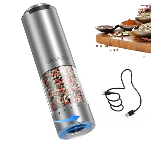 CIRCLE JOY Electric Pepper Grinder Stainless Steel Rechargeable Pepper Mill with External Adjustable Coarseness, 95ml Container and White LED Light, Silver - color: Rechargeable