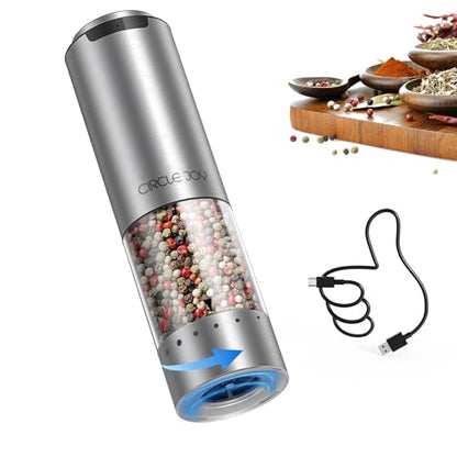 CIRCLE JOY Electric Pepper Grinder Stainless Steel Rechargeable Pepper Mill with External Adjustable Coarseness, 95ml Container and White LED Light, Silver - color: Rechargeable