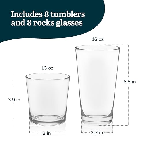 Libbey Preston Tumbler & Rocks Drinking Glasses Set of 16, All-Purpose Cups | 16 oz and 13 oz Capacities for Water, Juice, Cocktails, and More with Wide Mouths and Dishwasher-Safe Cleanup - color: 07 - Preston