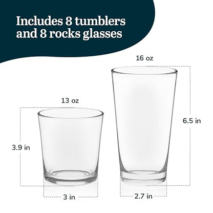 Libbey Preston Tumbler & Rocks Drinking Glasses Set of 16, All-Purpose Cups | 16 oz and 13 oz Capacities for Water, Juice, Cocktails, and More with Wide Mouths and Dishwasher-Safe Cleanup - color: 07 - Preston