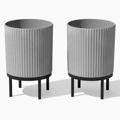 Veradek Demi Series Raised Planter - Round Planter with Stand | Made From a Durable Plastic-Stone Composite & Comes With Wooden Stand. Modern Porch/Patio Décor - color: Gray/Black, size: 16 inch - 2 Pack