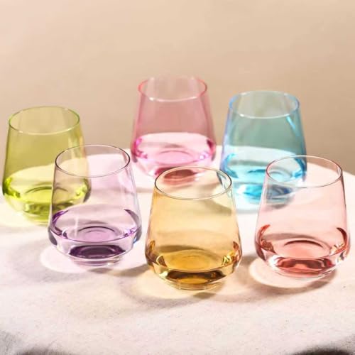 Physkoa Colored Stemless Wine Glasses Set of 6-17 oz Hand-Blown Crystal Colorful Glassware, Multicolor Wine Glass for Wine Lovers, Wedding, Birthday, Housewarming Valentine's Day Gifts for Women - color: Stemless Colored